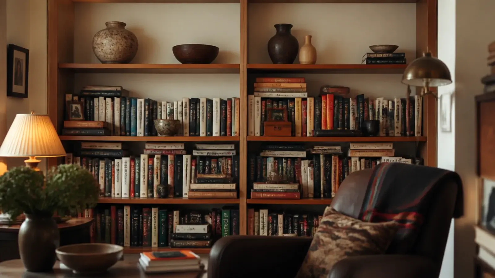 overloaded bookshelf showing common styling mistakes beside a calmly edited section