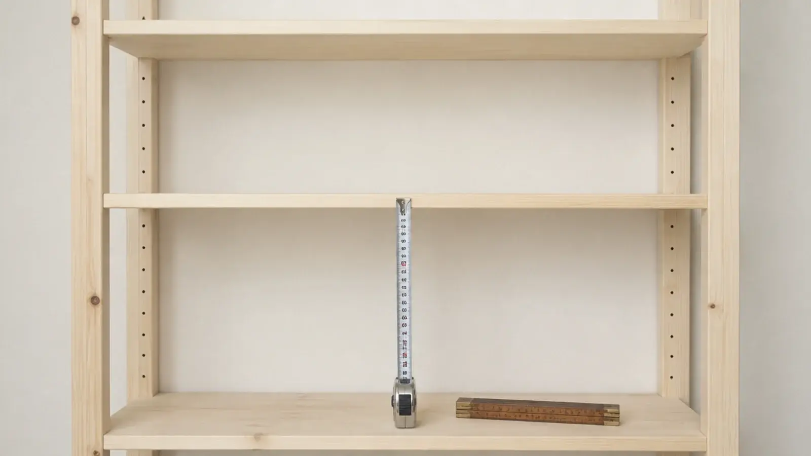 empty pine shelving in a rental measured with a tape for depth and height
