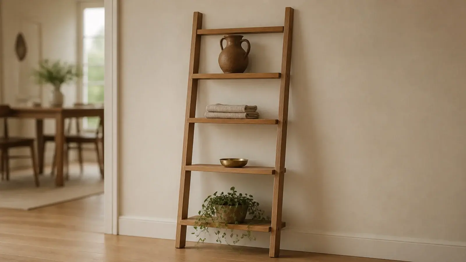five rung oak ladder shelf leaning against a rental wall holding pottery