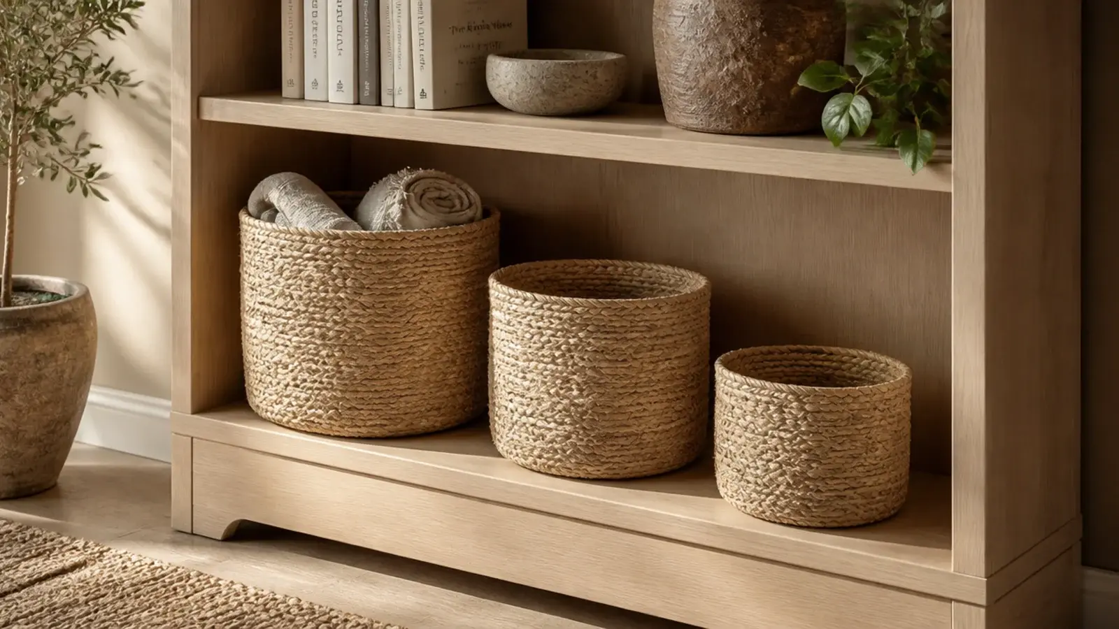 row of woven jute baskets filling the lower shelves of a small bookcase