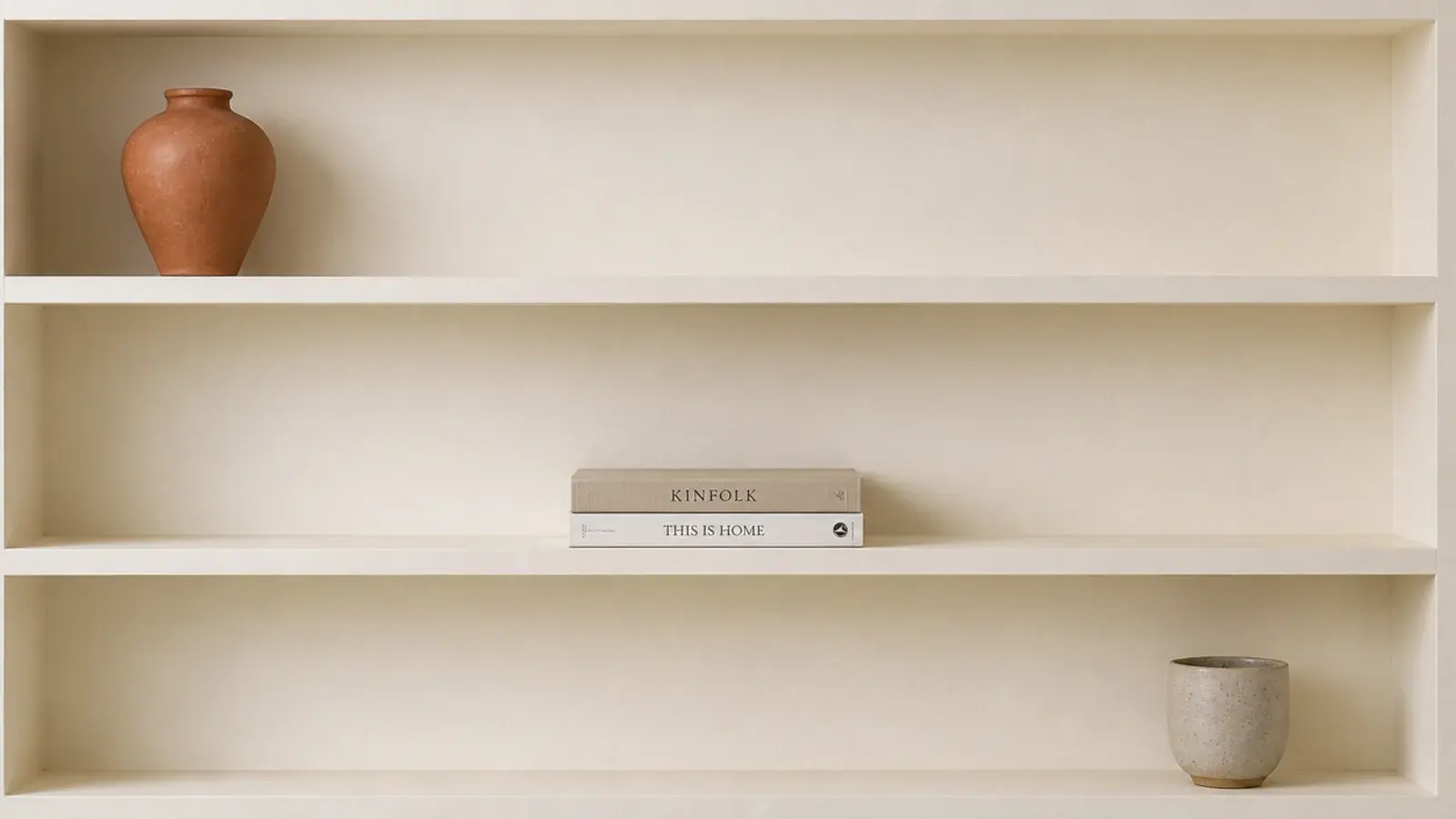 sparsely styled bookshelf with wide empty gaps between grouped objects