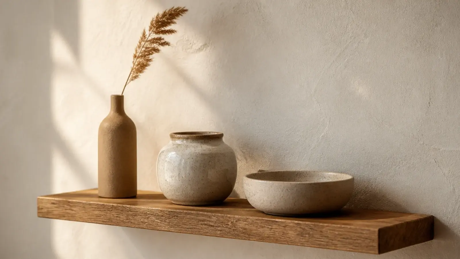 objects arranged on a shelf in a descending stair of three clear heights