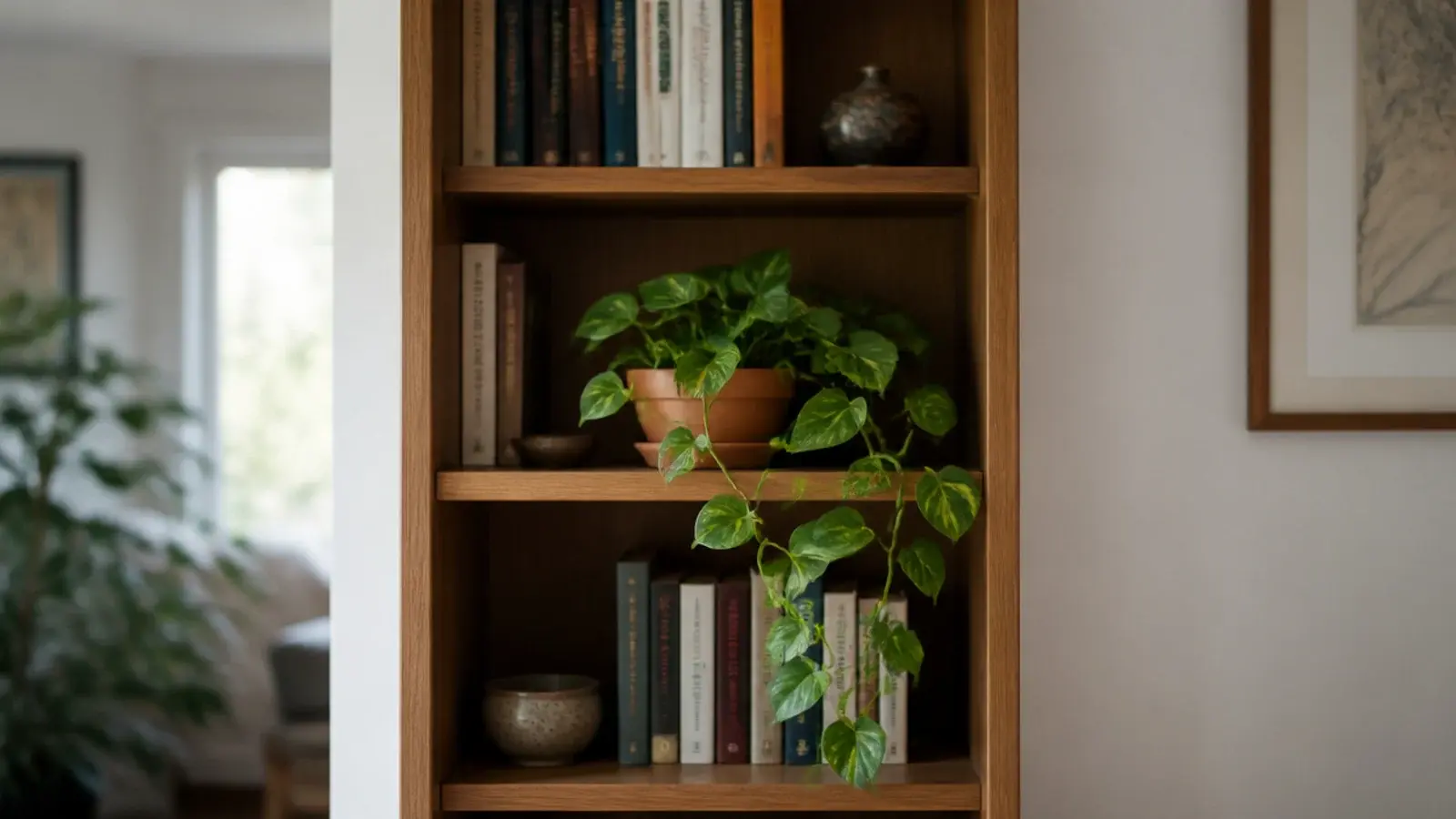 trailing pothos spilling from the second shelf of a small bookcase