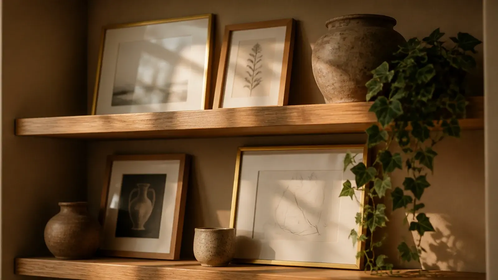 framed prints leaning at the back of shelves behind pottery and plants