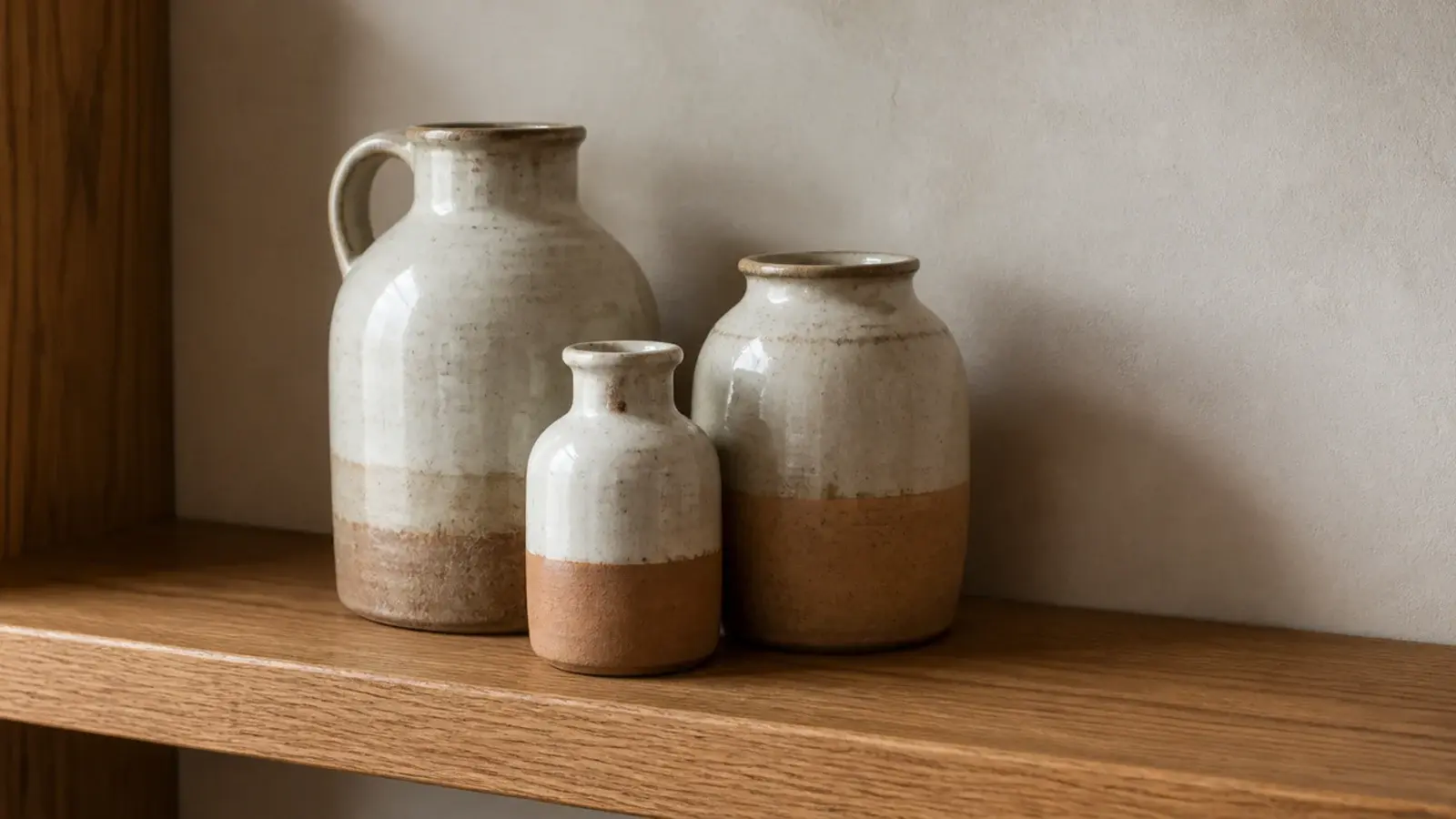 three thrifted stoneware vessels in graduated sizes on a bare shelf