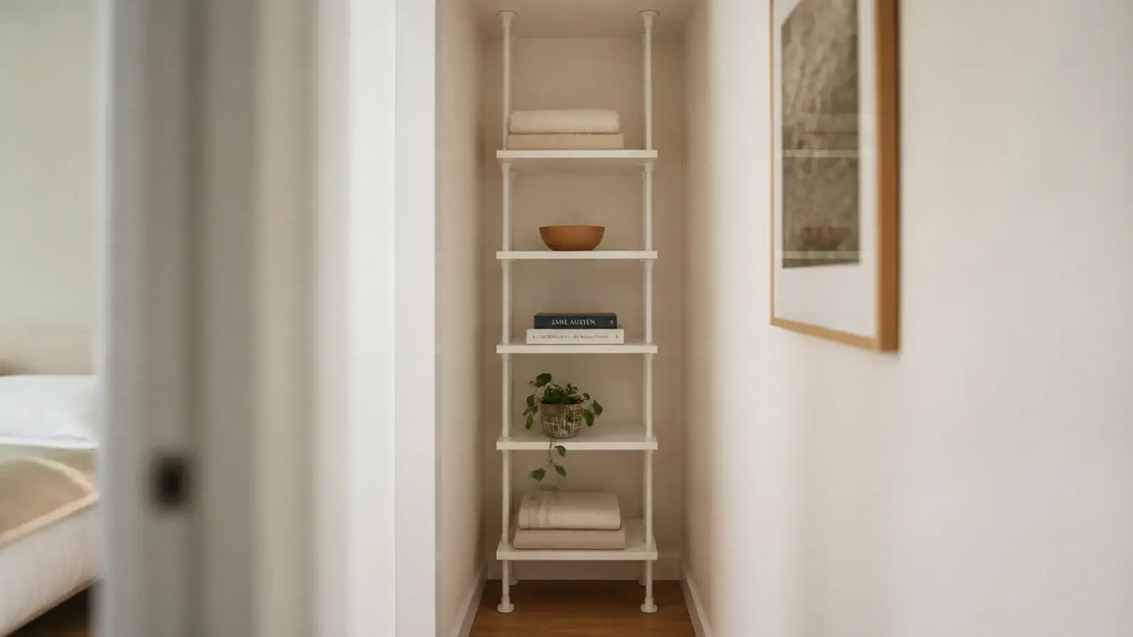 slim tension pole shelving unit wedged in a rental alcove holding pottery