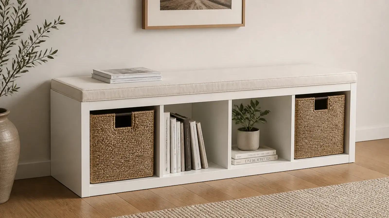 four cube storage unit lying on its side as a low bench and shelf