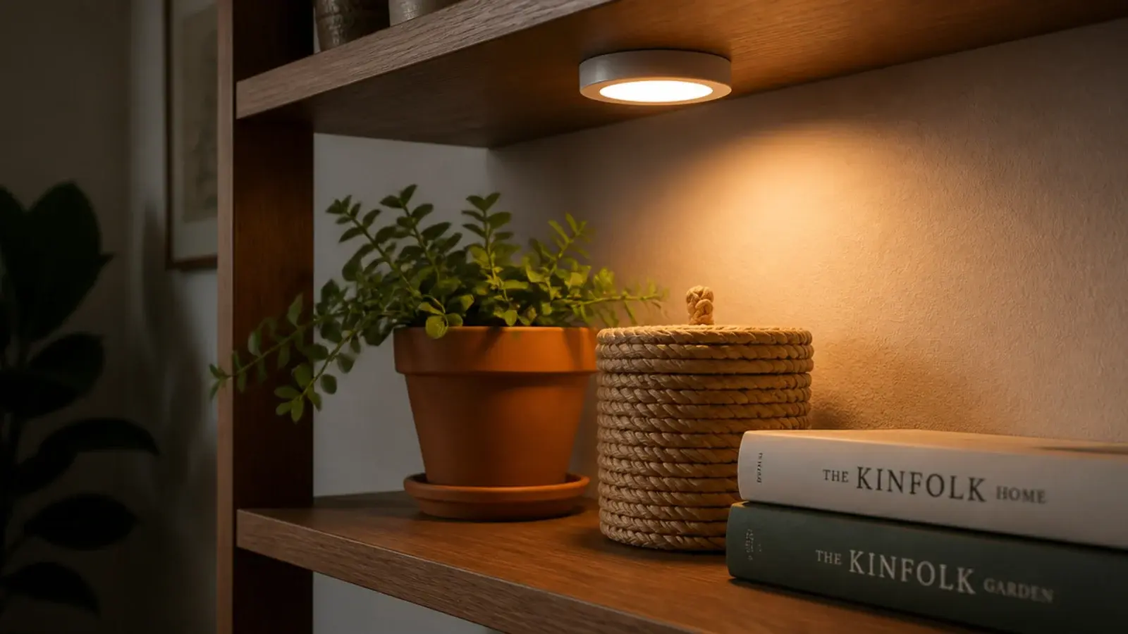 small warm puck light glowing under a shelf above pottery and baskets