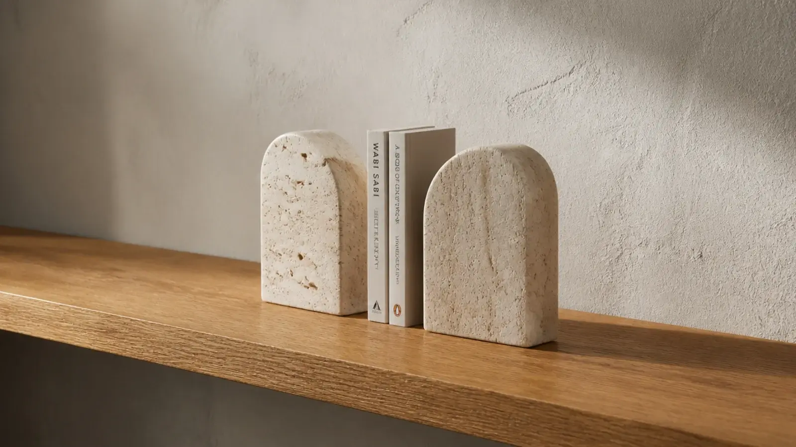 two heavy stone bookends standing alone on an almost empty wooden shelf