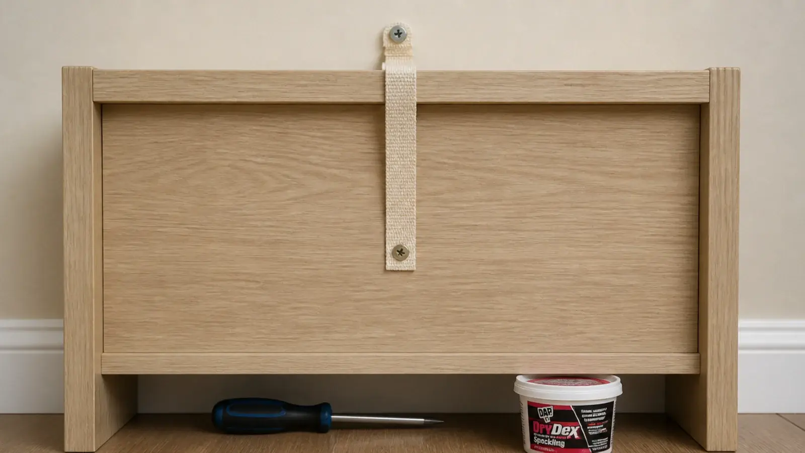 anti tip strap fixed from the back of a bookcase into a rental wall