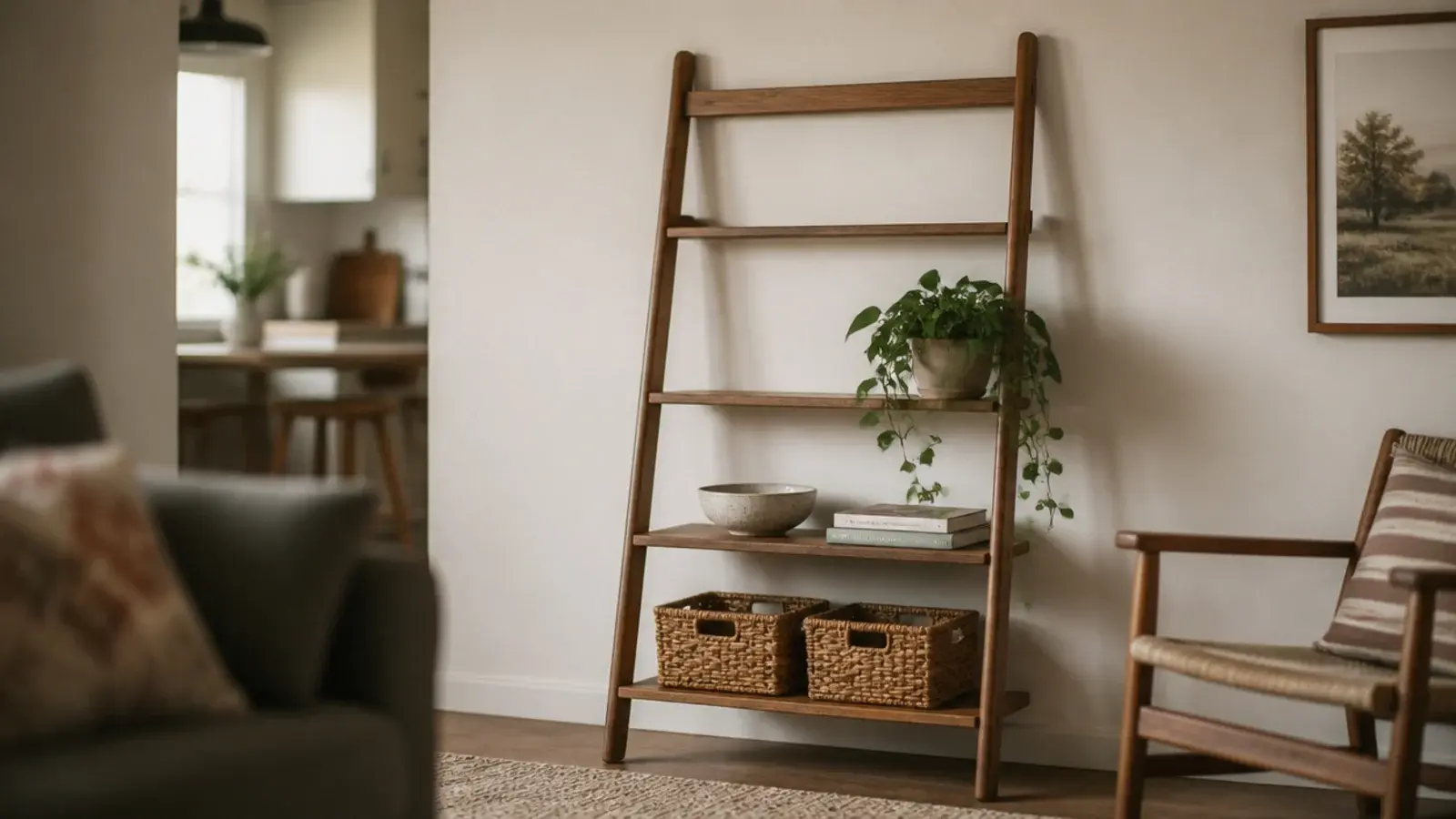 renter bookshelf styling with no books using baskets pottery and trailing plants