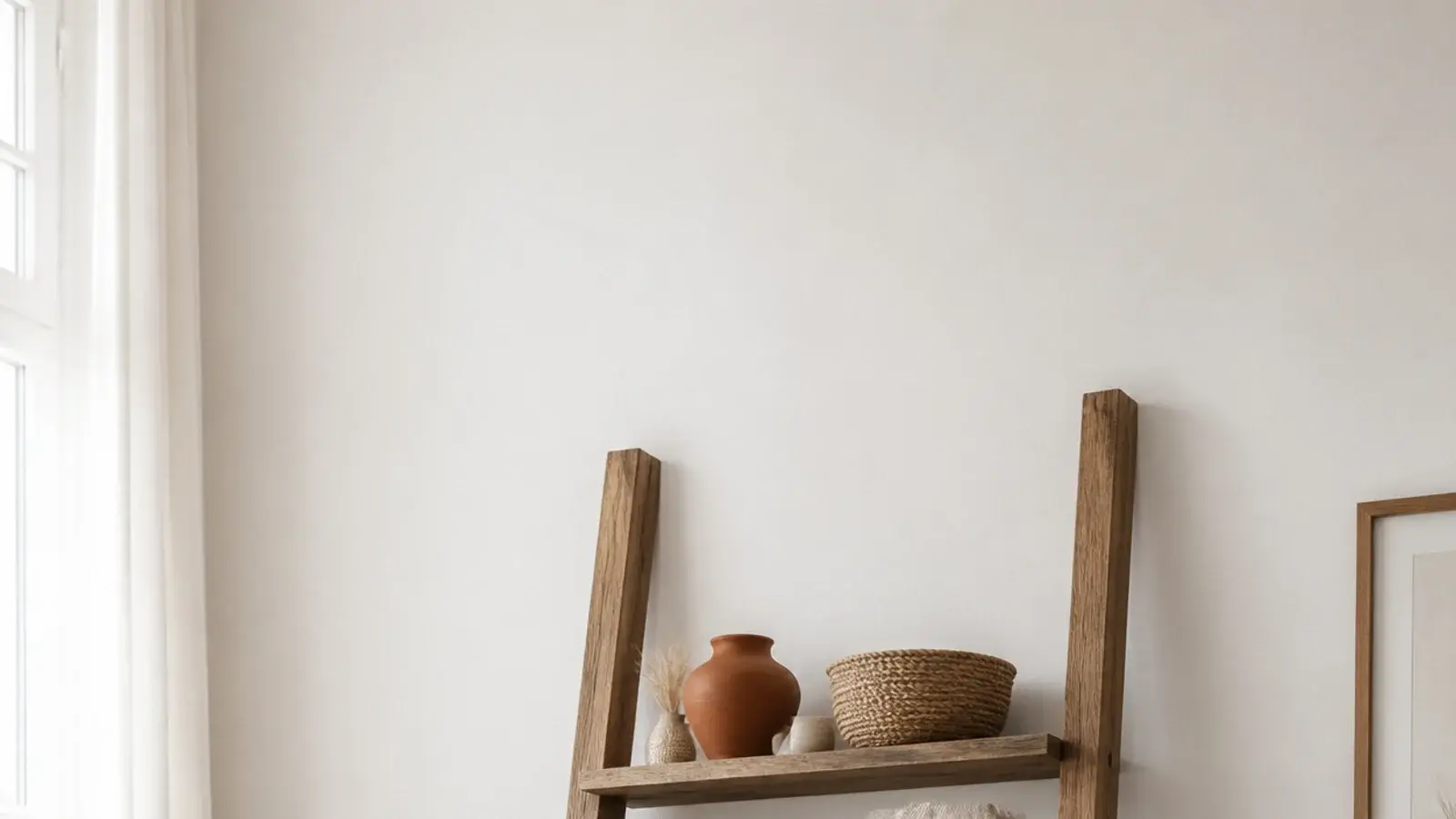 vertical rental bookshelf styled with no books using baskets plants and pottery
