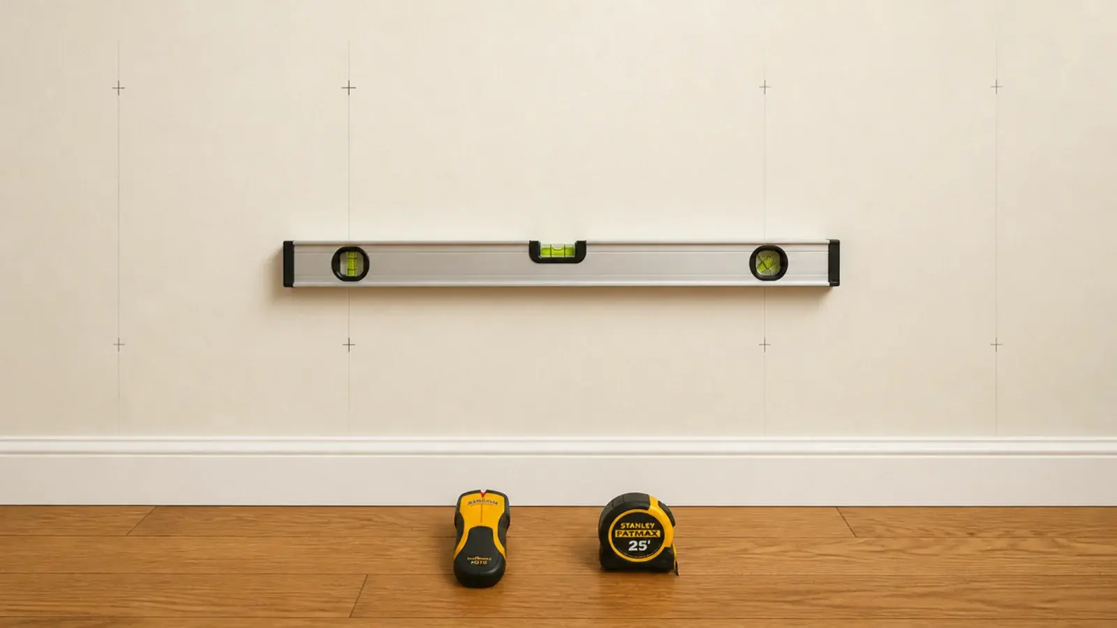 bare wall marked with pencil lines and a level before shelving goes up
