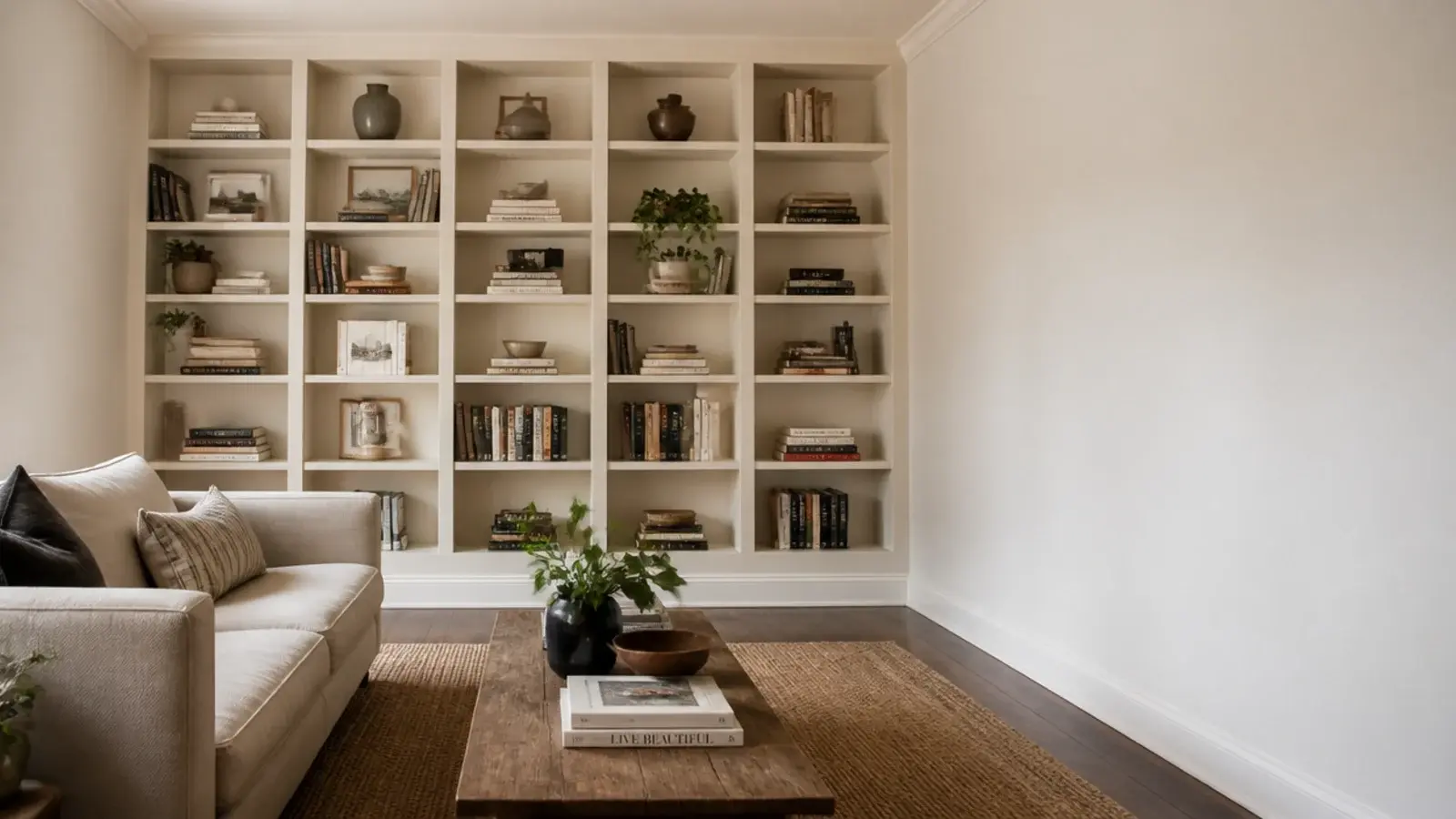 single wall of full height shelving with the other walls left completely bare