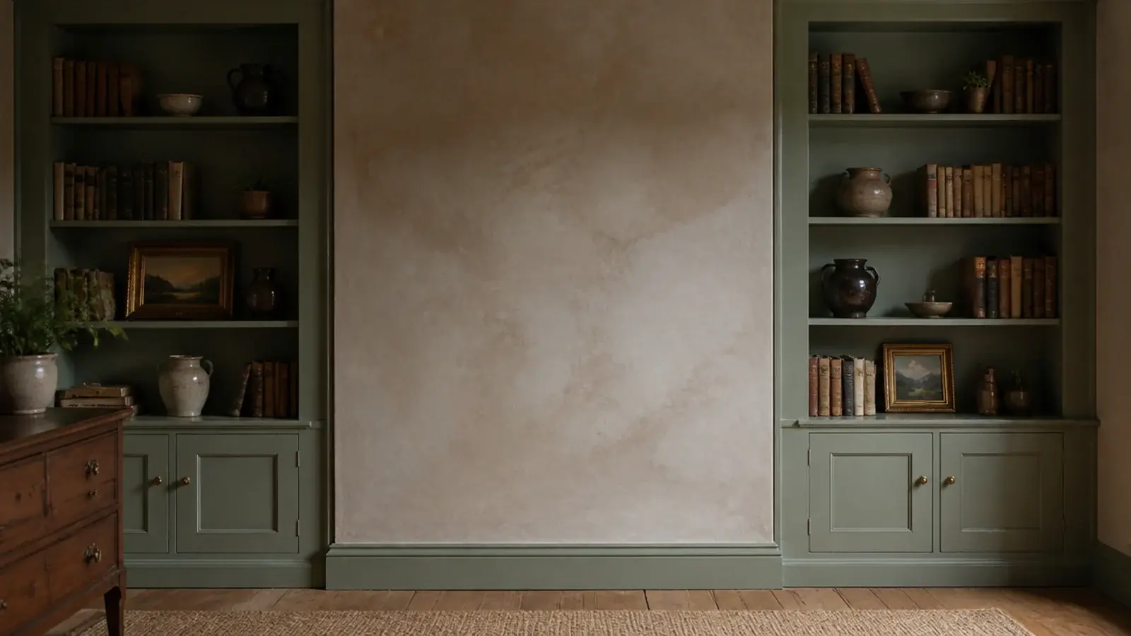 matching alcove shelving either side of a chimney breast holding books