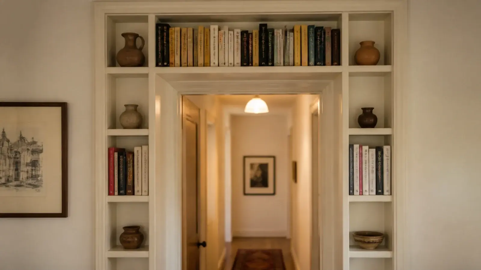 shelving running up both sides and across the top of an interior doorway
