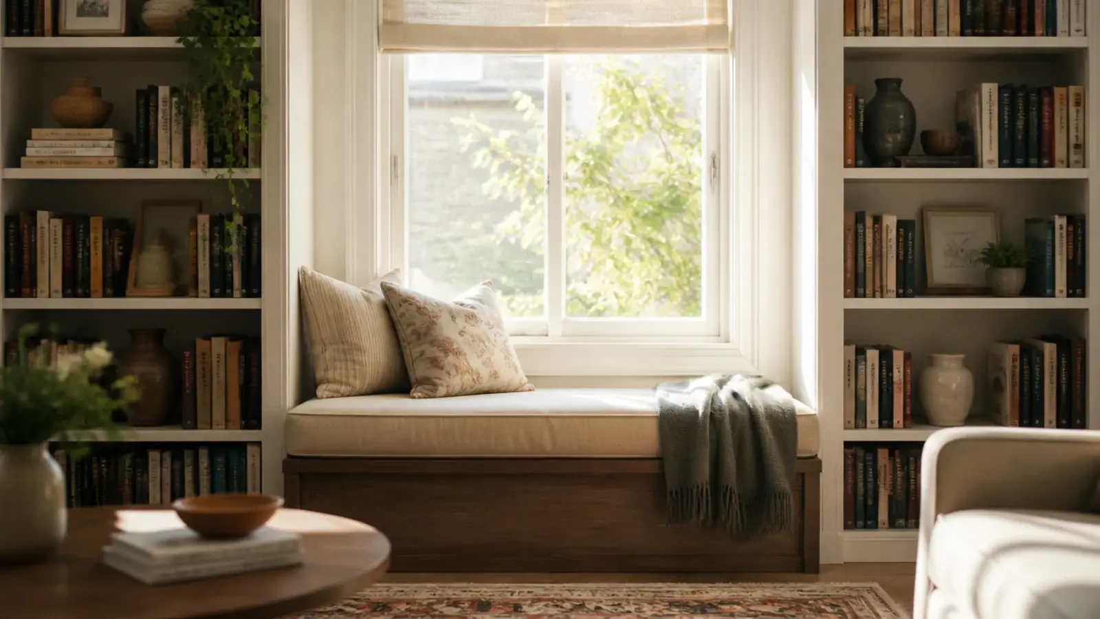 shelving either side of a window with a padded window bench between them