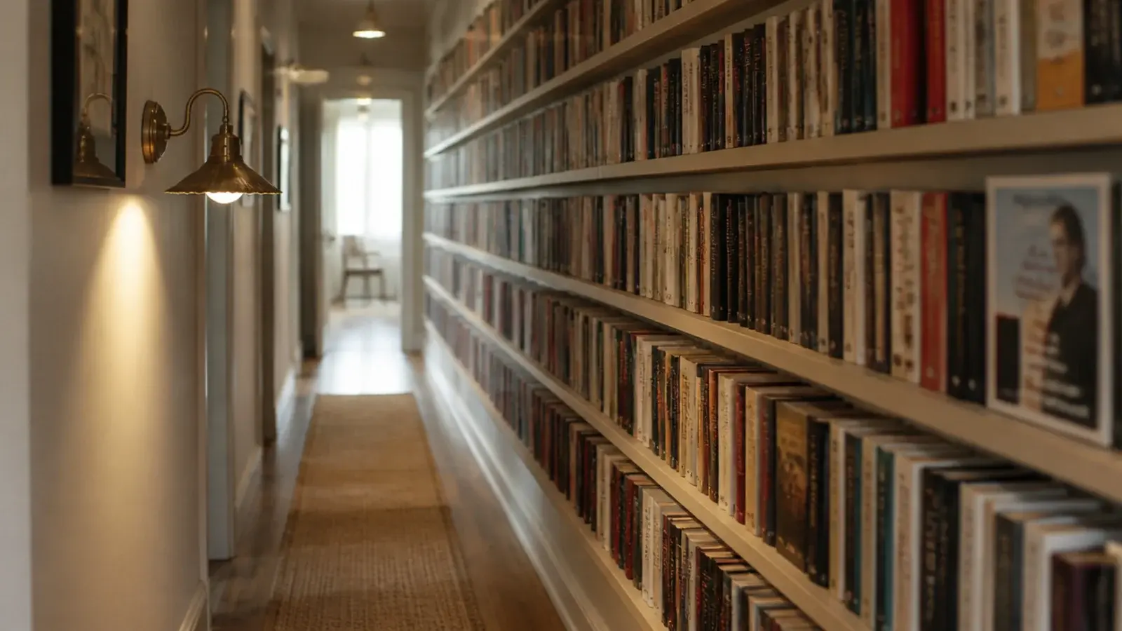 narrow hallway lined with six inch deep shelving holding paperbacks