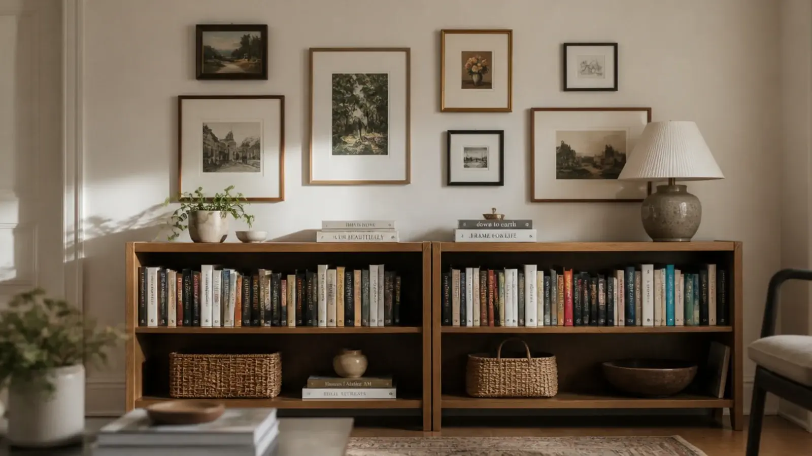 two low bookcases side by side beneath a wall of framed art prints
