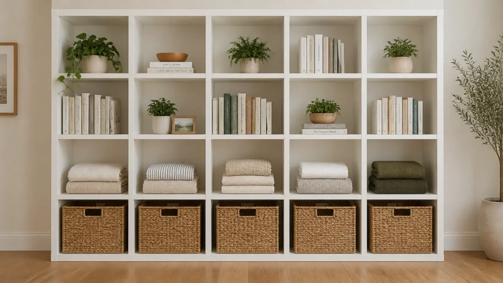 wall of storage cubes with woven baskets filling the lowest row