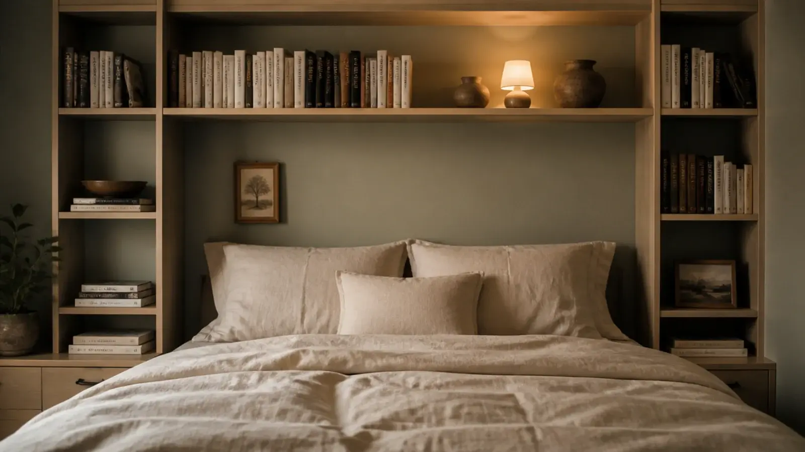 bedroom wall of shelving wrapping over and beside the head of a bed