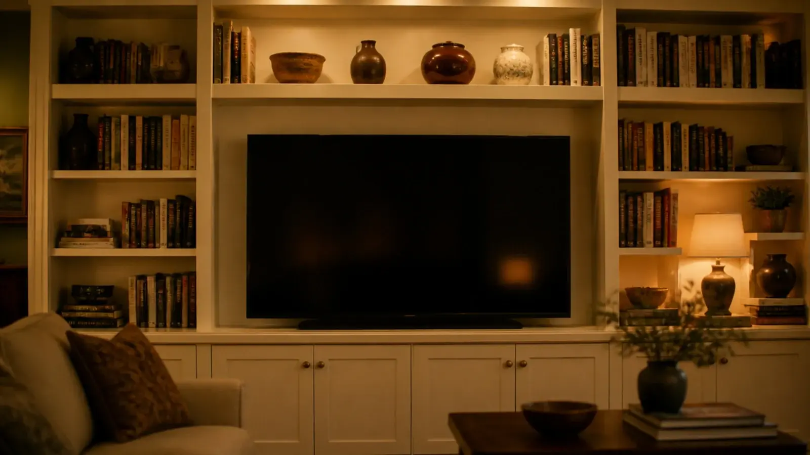 television recessed into a wall of bookshelves surrounded by books