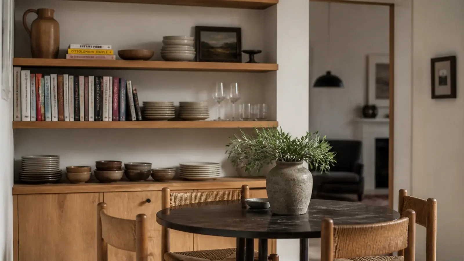 dining room wall of open shelving holding books glassware and stoneware