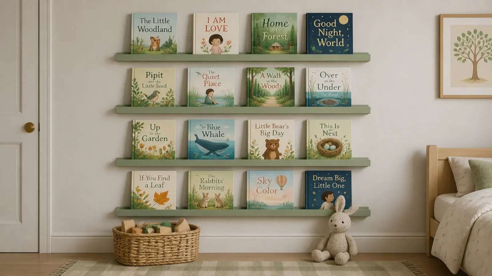 low wall of forward facing book ledges in a child bedroom at reach height