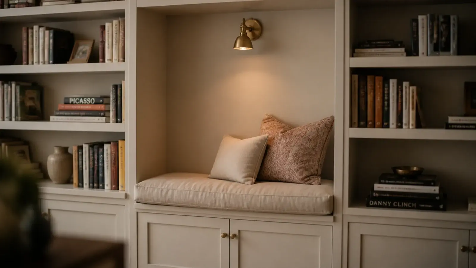 reading nook recessed into a wall of bookshelves with a padded seat