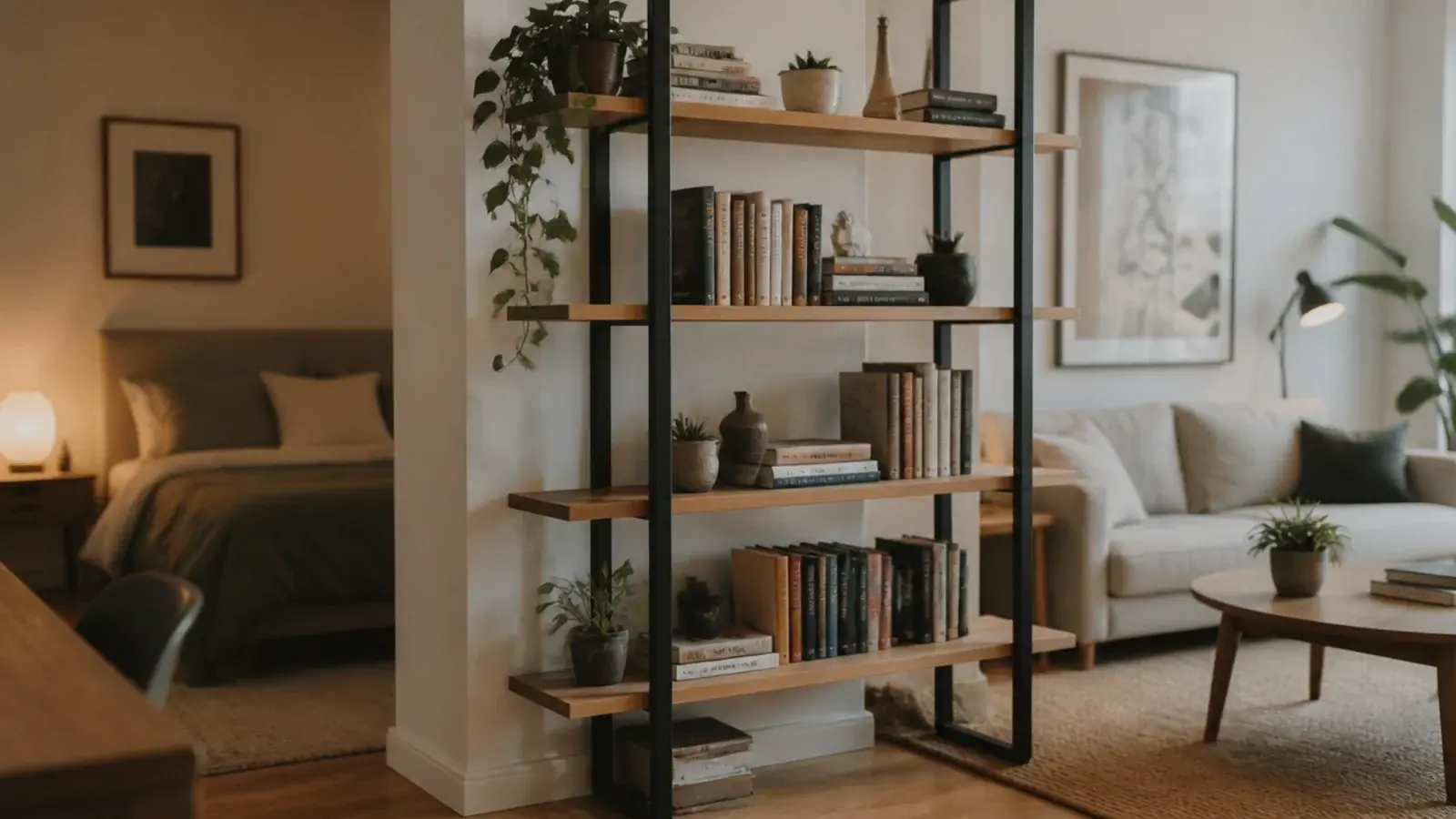 open backless shelving unit dividing a studio apartment into two zones