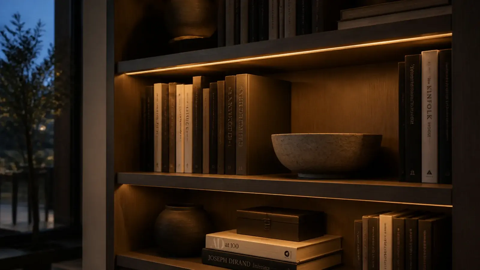 bookshelf wall lit from within by warm led strips behind the front edges