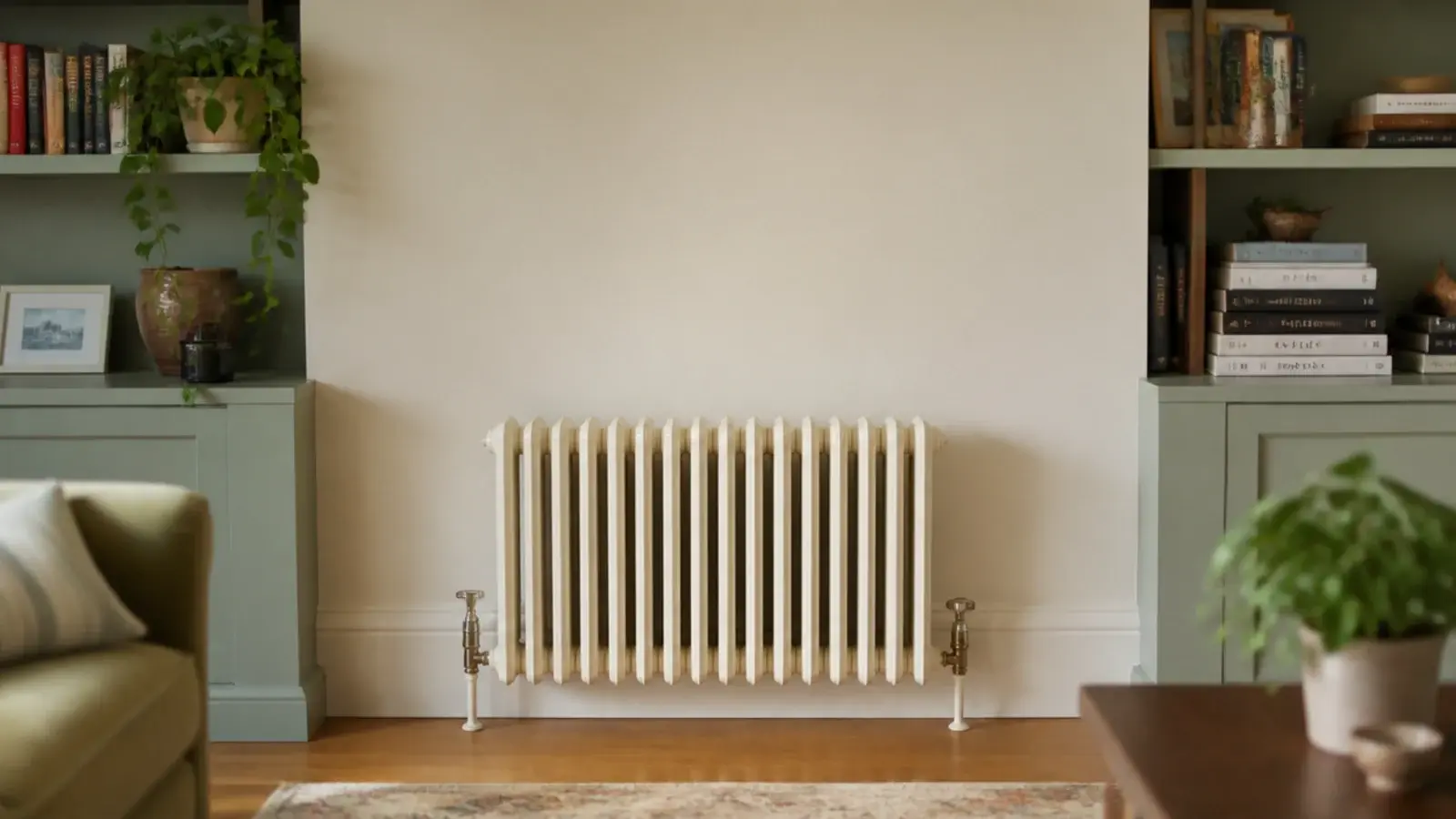 asymmetric shelving arranged around a wall radiator with clear air above