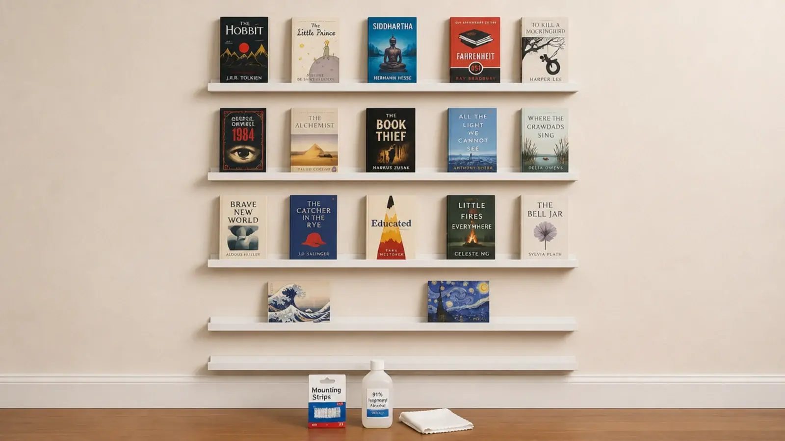 rental wall of adhesive mounted ledges holding paperbacks and small prints