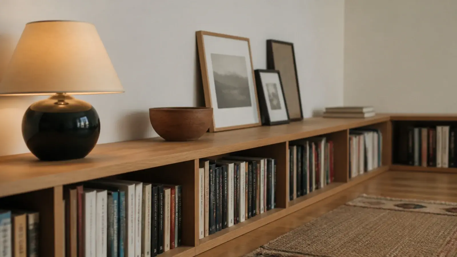 low run of shelving at counter height with a continuous display surface on top
