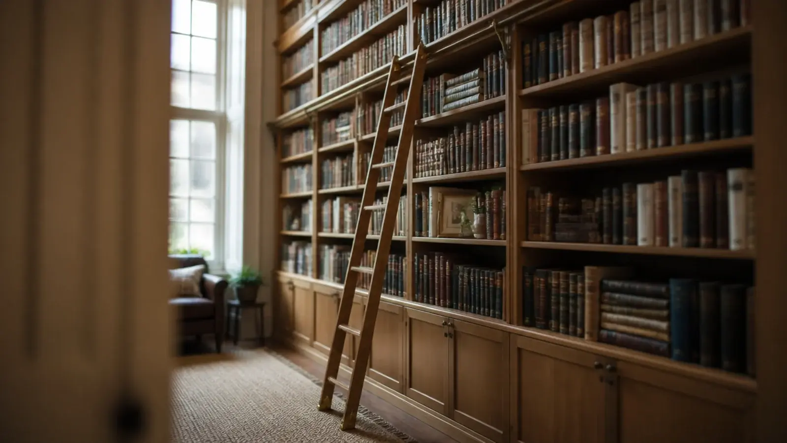sliding library ladder leaning against a tall wall of full height shelving