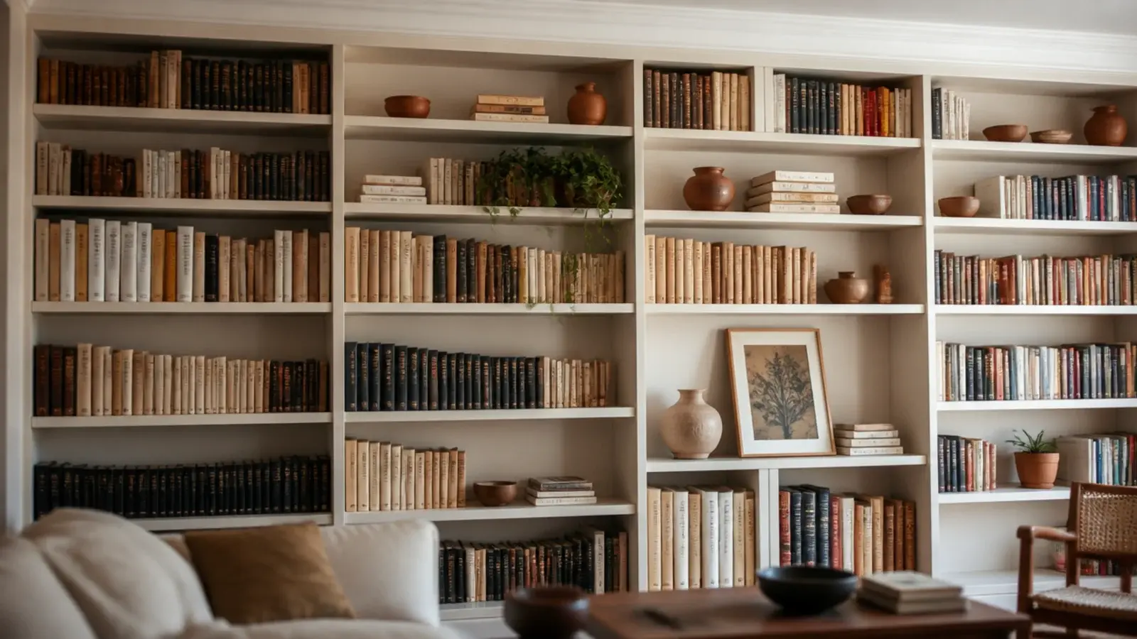 floor to ceiling bookshelf wall of oak shelves filled with books and pottery