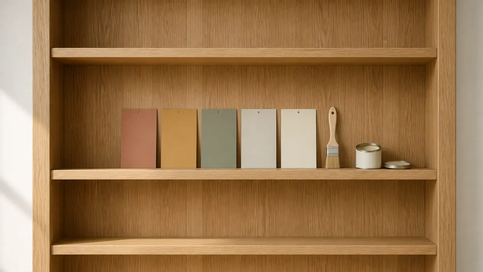 paint sample cards in clay and sage tones laid across an empty oak shelf
