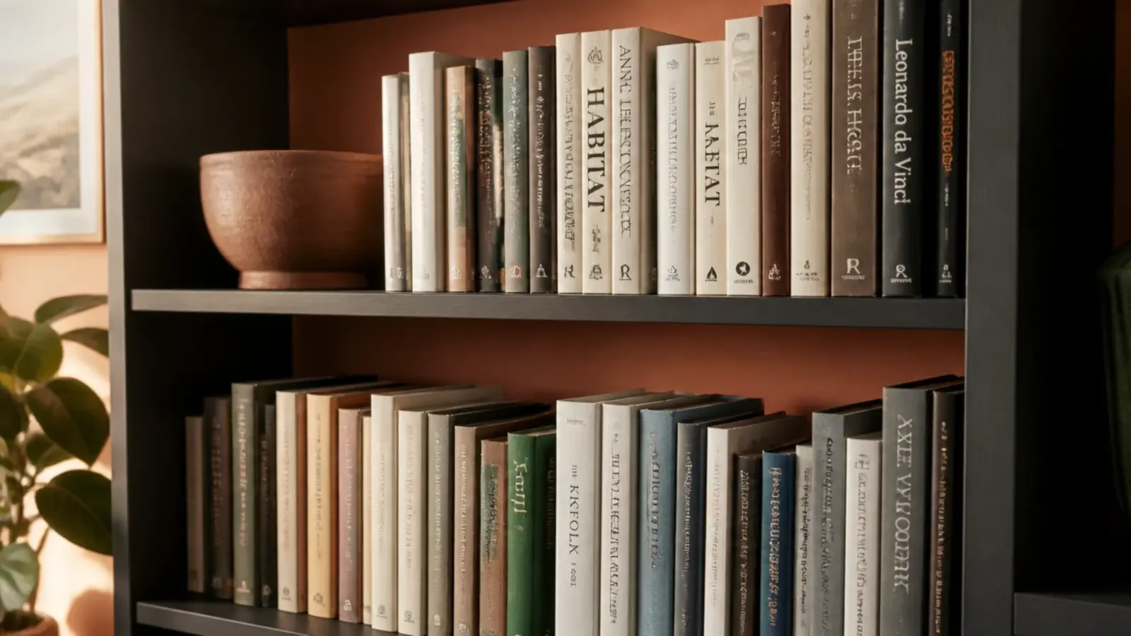 terracotta painted back panel glowing behind rows of books on oak shelves