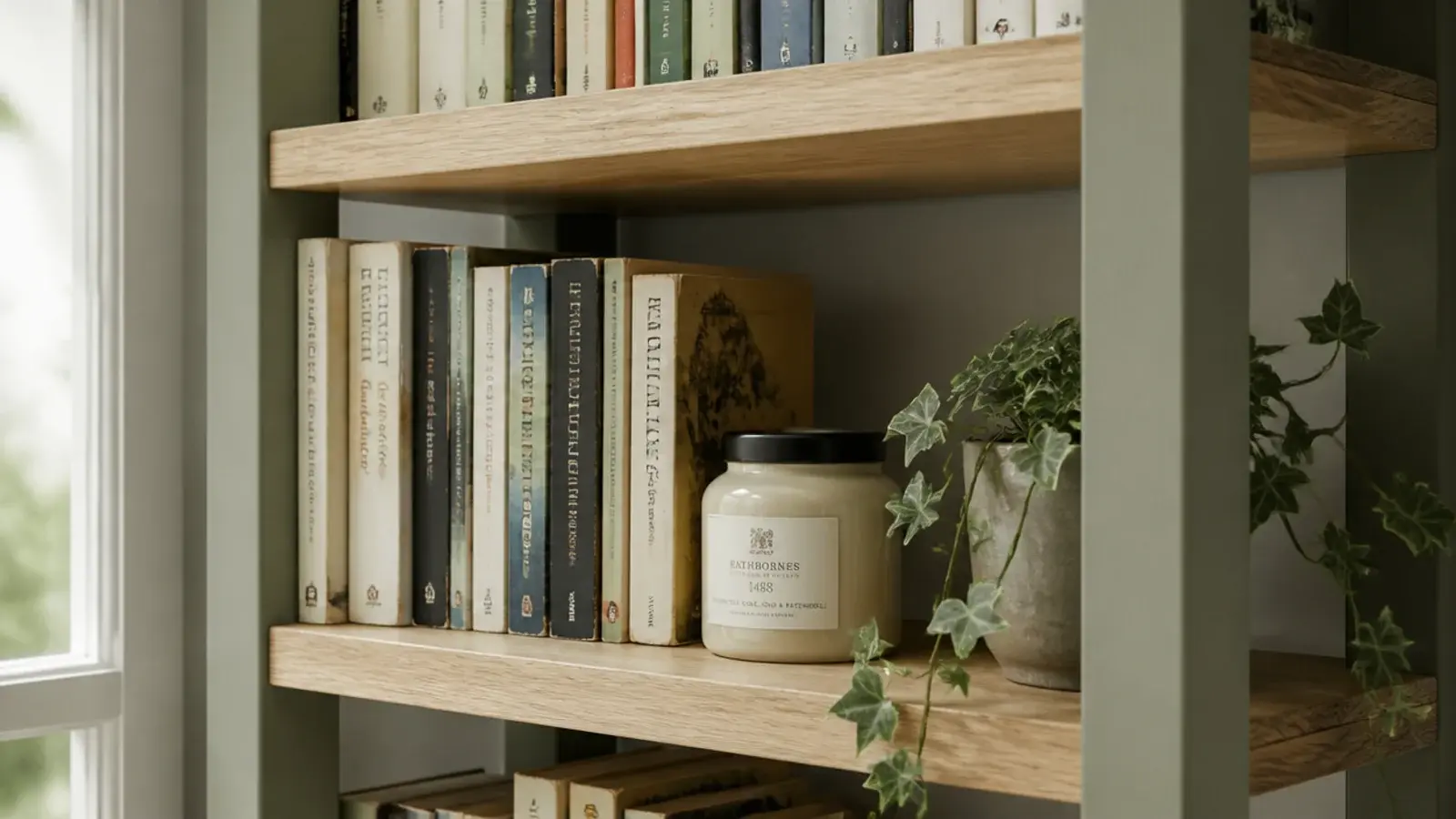 sage painted bookcase frame with untreated oak boards as the shelves