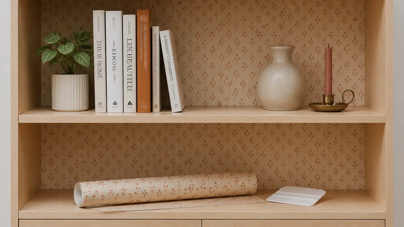 peel and stick patterned paper lining the back of a rental bookcase