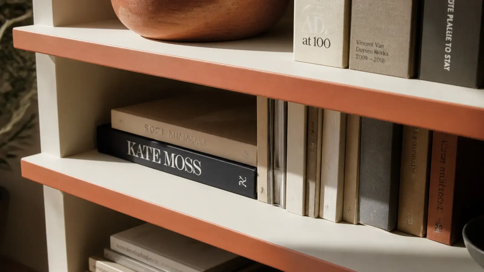 thin painted stripe along the front edges of otherwise cream shelving