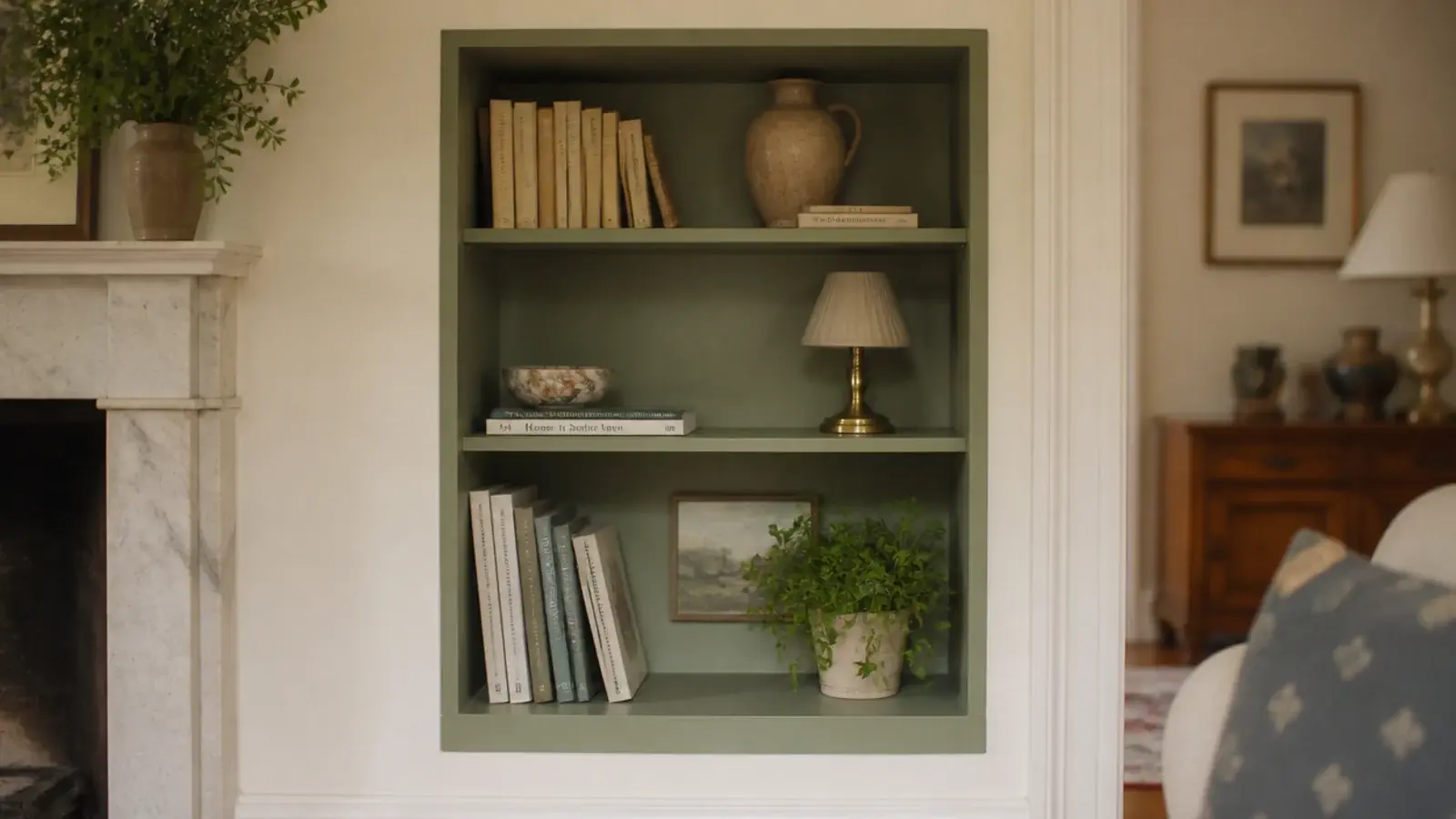 alcove shelving painted muted sage inside with cream trim around it