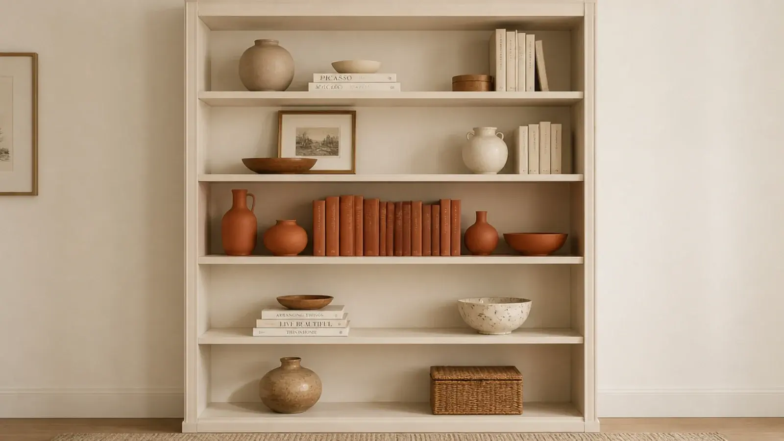 single shelf of matched clay colored objects among otherwise neutral shelves