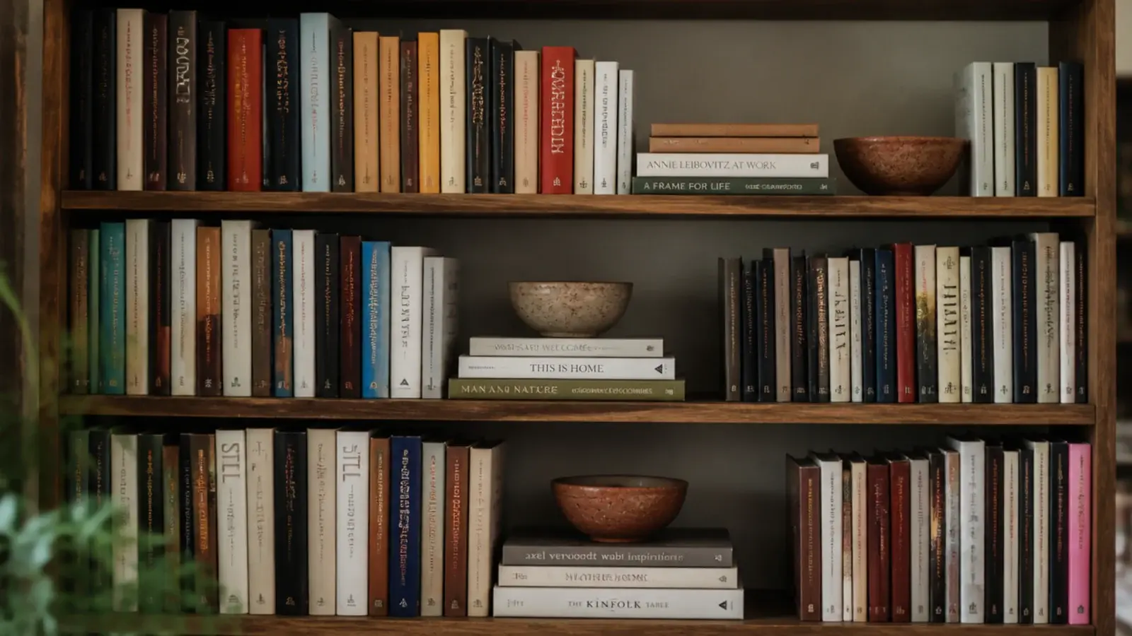 books grouped by height with colors landing naturally across the shelves