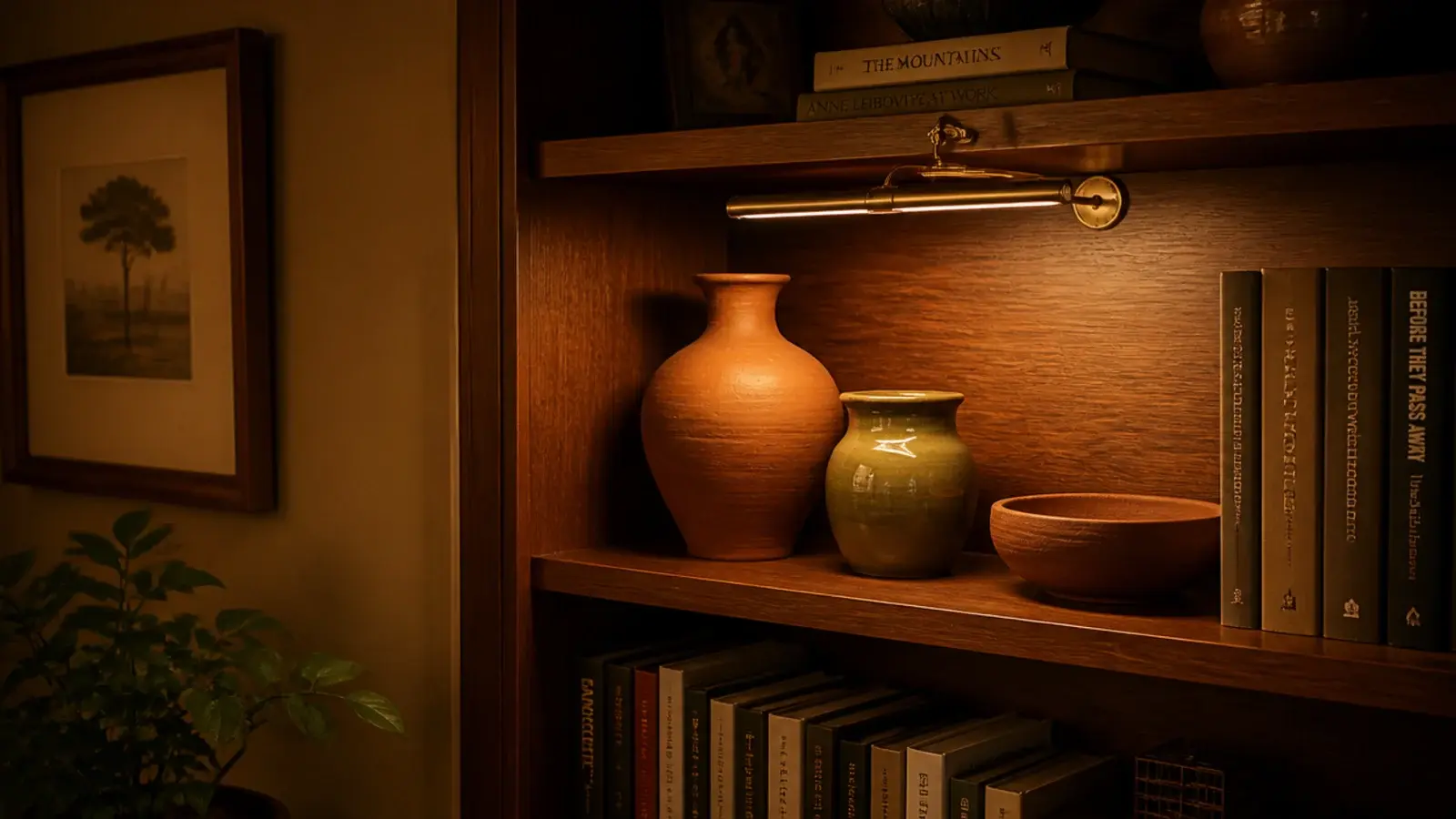 warm 2700k light making clay sage and oak colors read rich on shelves