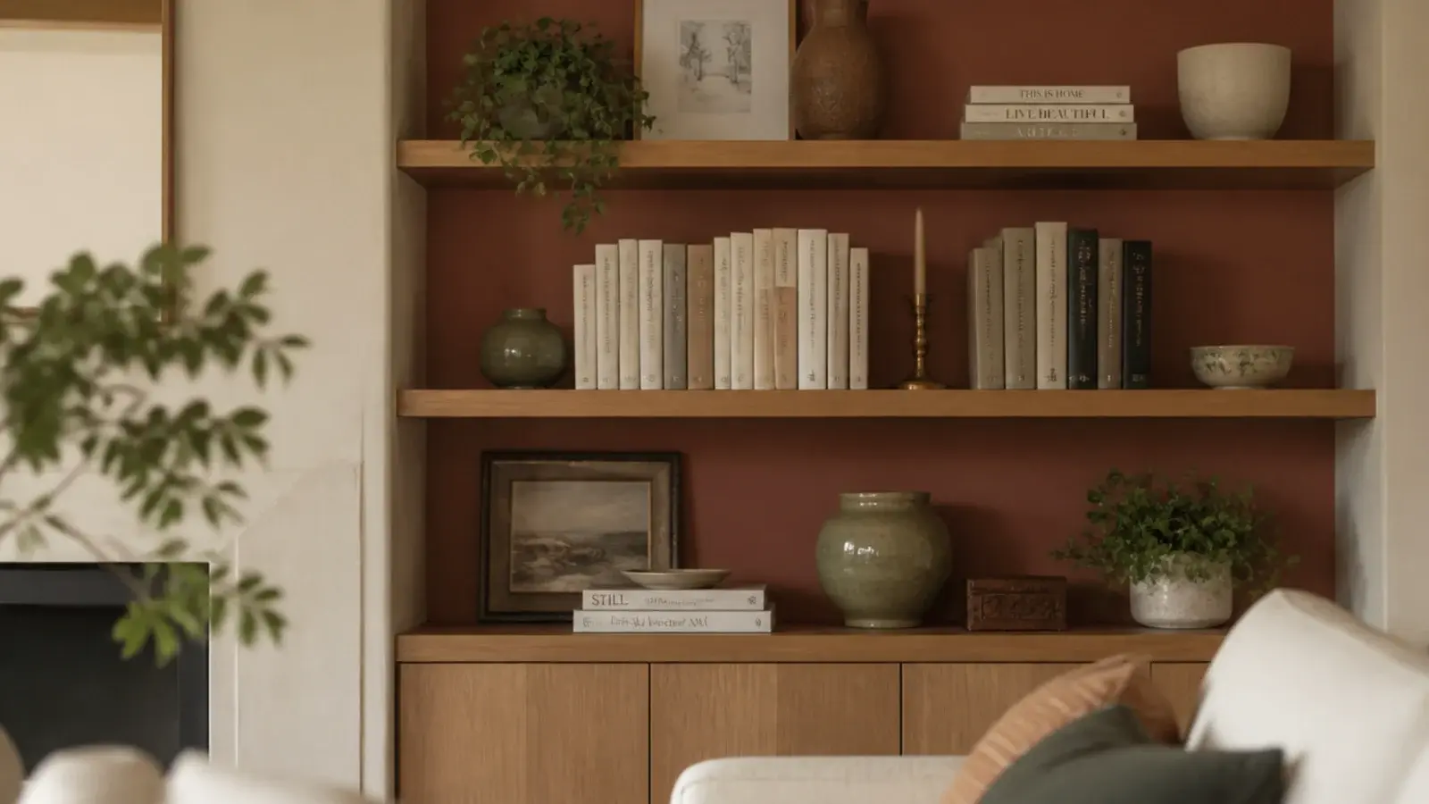 colorful bookshelf with a terracotta painted back panel and warm sage pottery