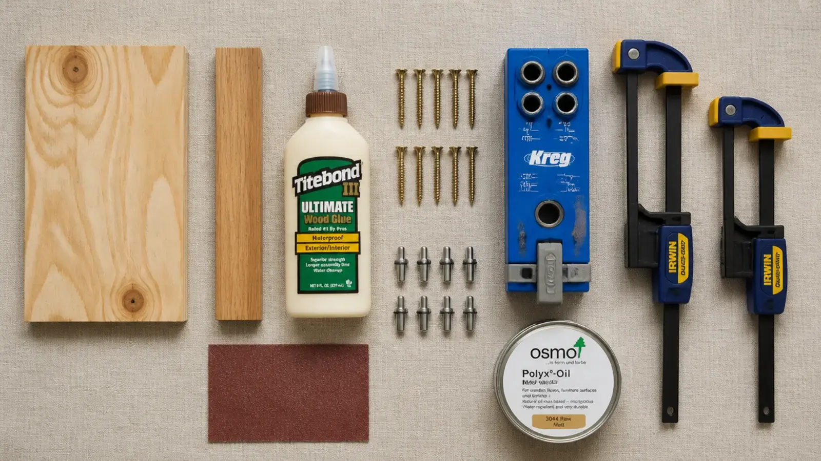 flat lay of plywood offcut screws glue clamps and a shelf pin jig