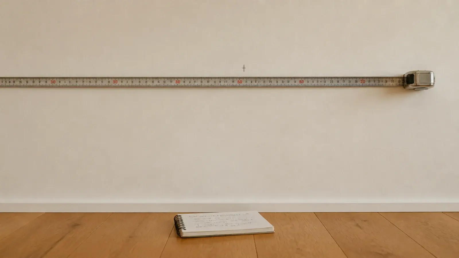 tape measure held against a bare wall to size a diy bookshelf build