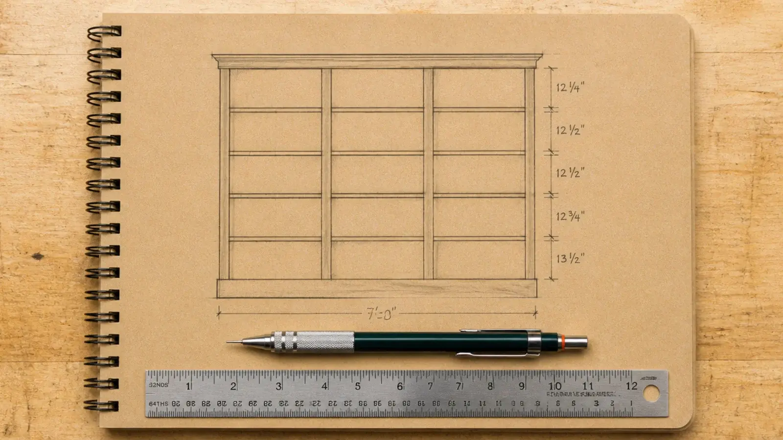 sketch of a bookcase elevation showing planned clear shelf heights