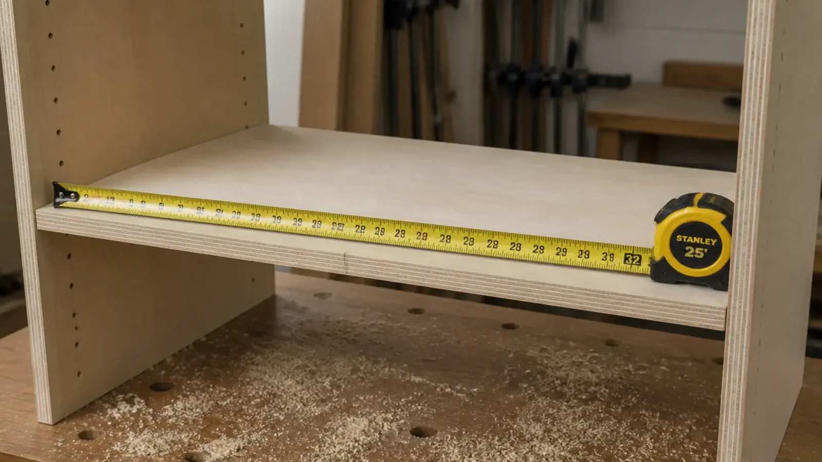 plywood shelf spanning a bay with a pencil mark at thirty two inches